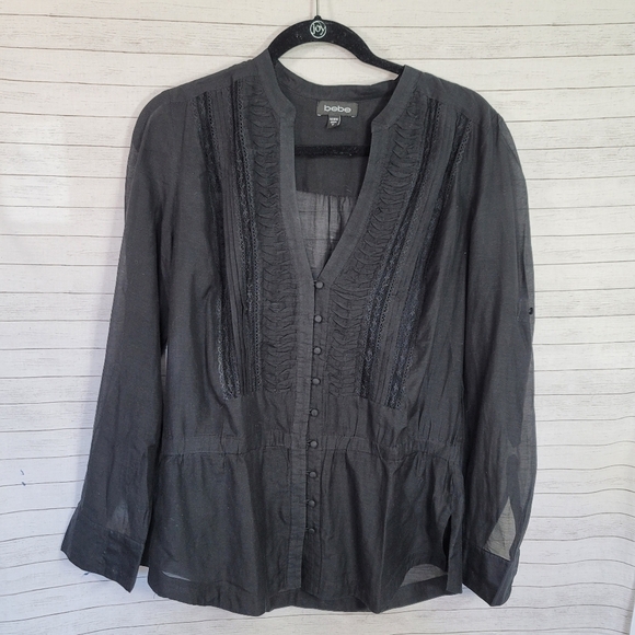 BEBE SHEER LONG SLEEVE BLACK SHIRT, SZ MEDIUM - Picture 2 of 10